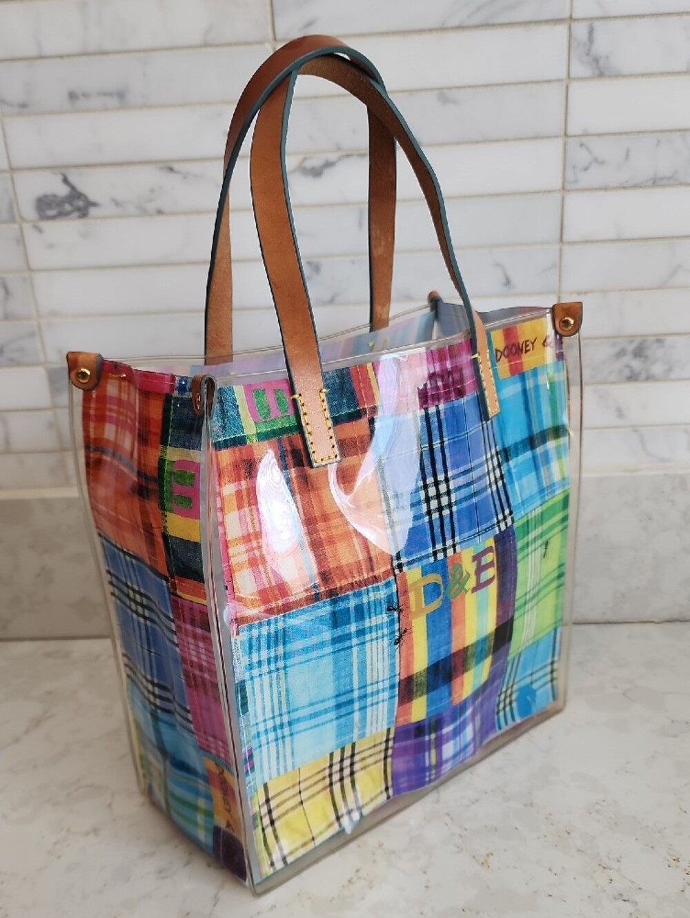Dooney & Bourke Multicolor Plaid Patchwork Clear Tote with Brown Leather Handles - Picture 4 of 8